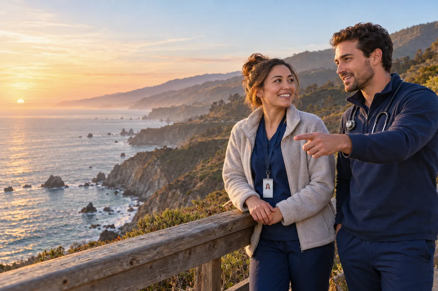 Two clinicians in navy scrubs talking at a coastal overlook at sunset