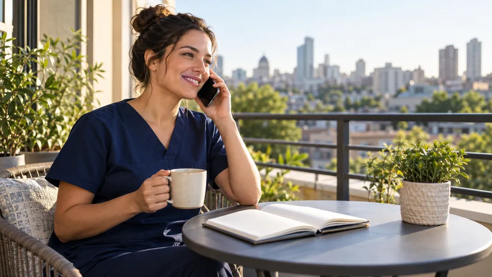Travel nurse on the phone with her consultant, coffee in hand on a sunny balcony