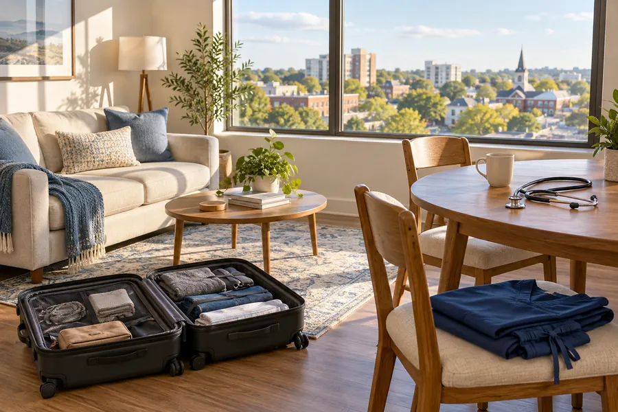 Bright furnished apartment with an open suitcase, folded scrubs and a stethoscope on the table