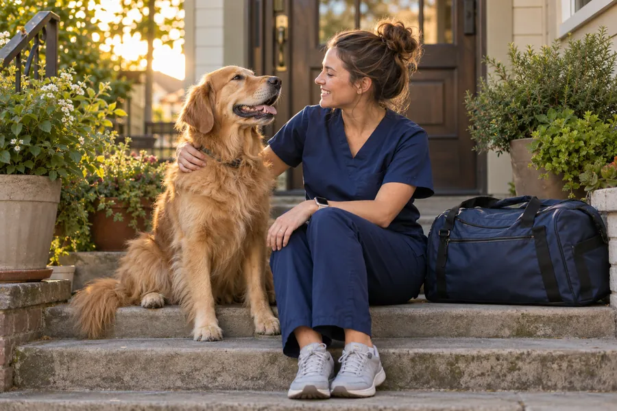 Travel nurse in navy scrubs sitting on the front steps with her golden retriever